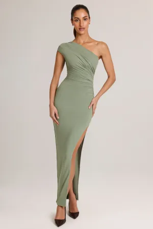 Comfortable evening wear Modal Asymmetric Ruched Maxi Dress  in Sage Green