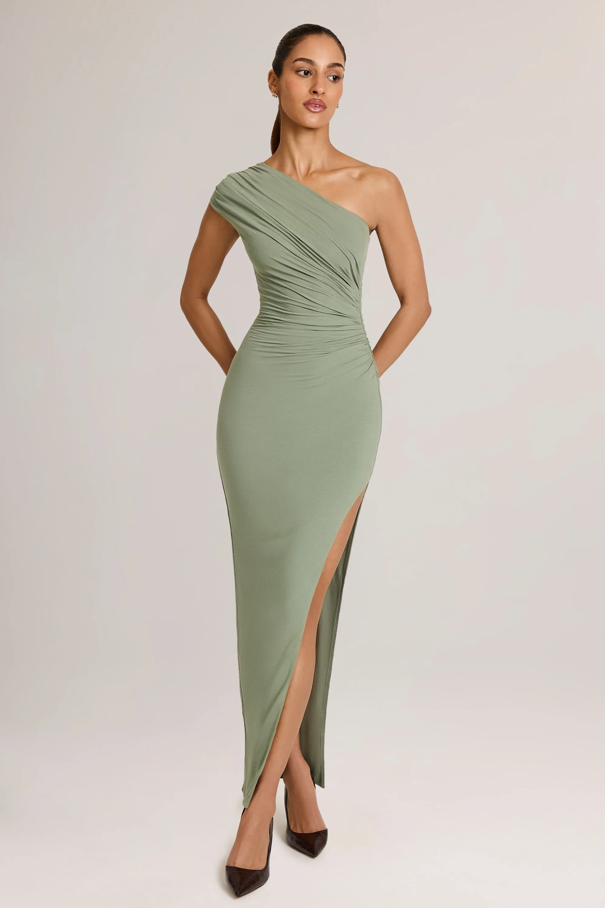 Modal Asymmetric Ruched Maxi Dress  in Sage Green Sage Green Dance Floor