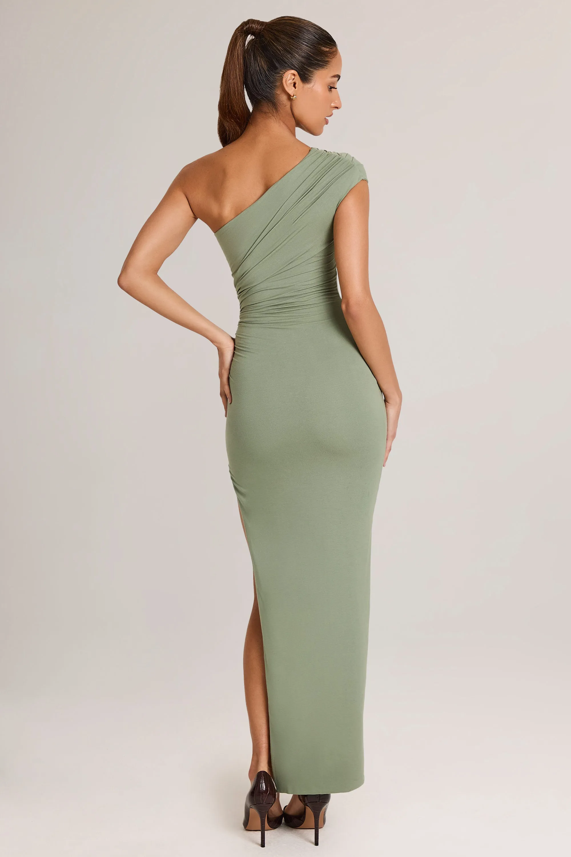 Organza Glow Quartz Glow Modal Asymmetric Ruched Maxi Dress  in Sage Green