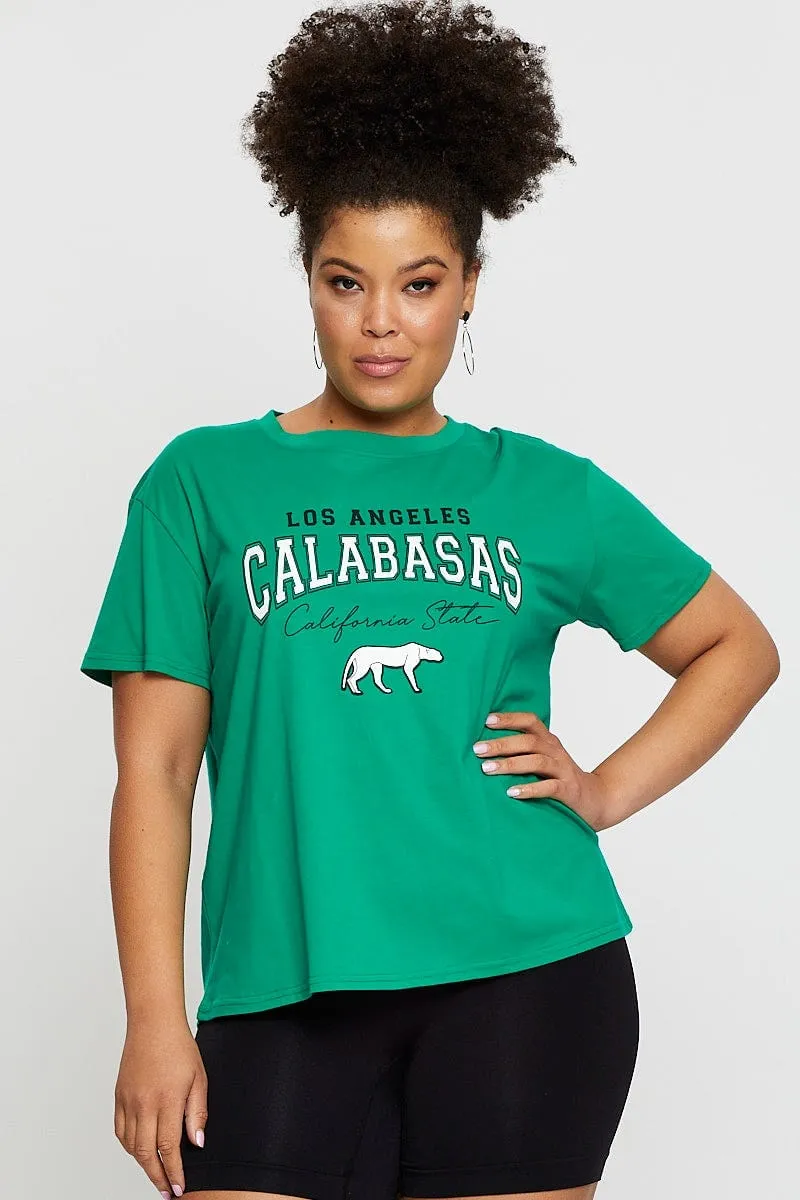 Perfect For Relaxing Weekend Ready Green Graphic T-shirt Calabasas Short Sleeve Cotton