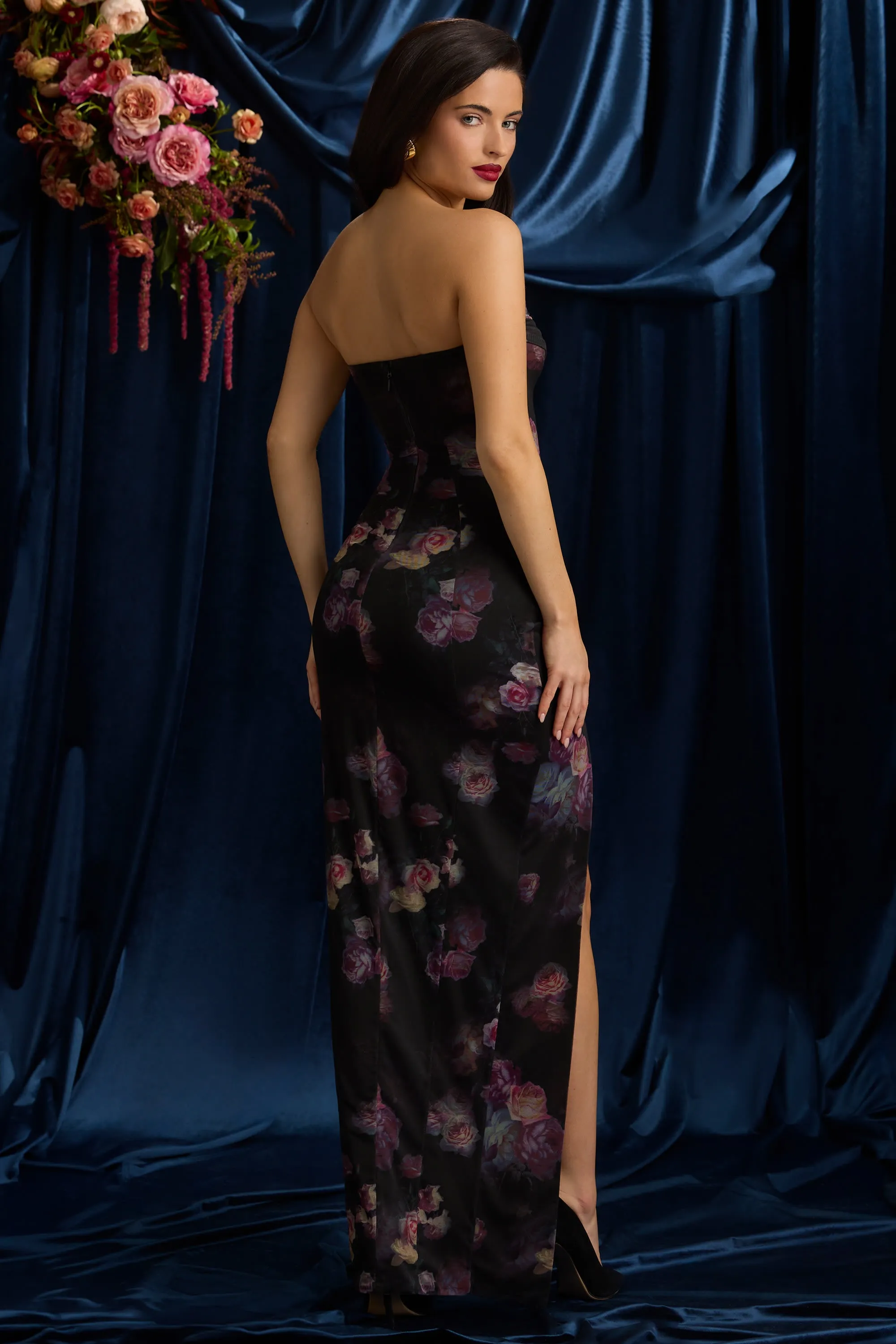 Bandeau Cowl-Neck Maxi Dress in Black Floral Print Elegant maxi dress for wedding