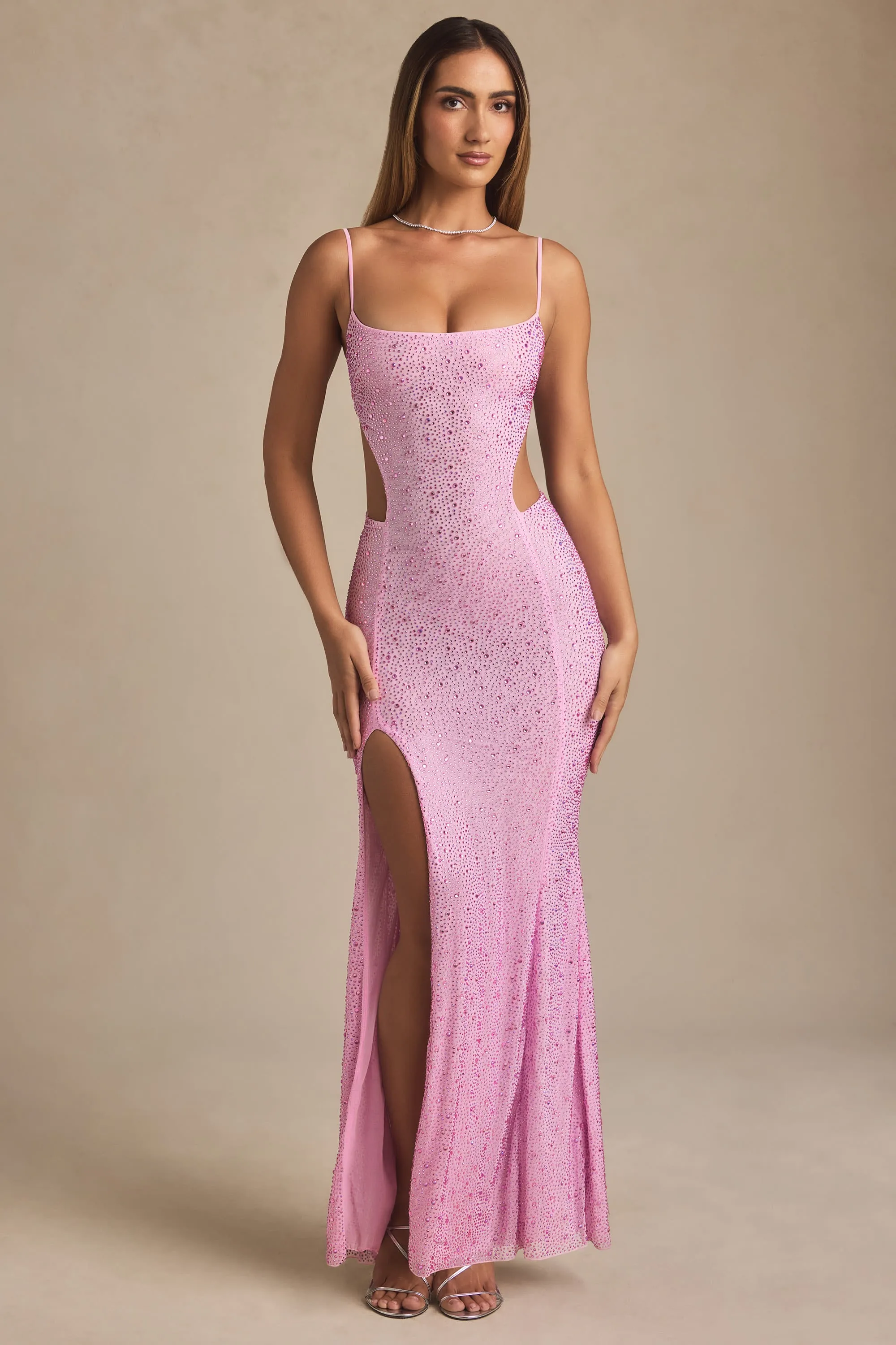 Embellished Cut-Out Fishtail Maxi Dress in Peony Pink Ice Bloom