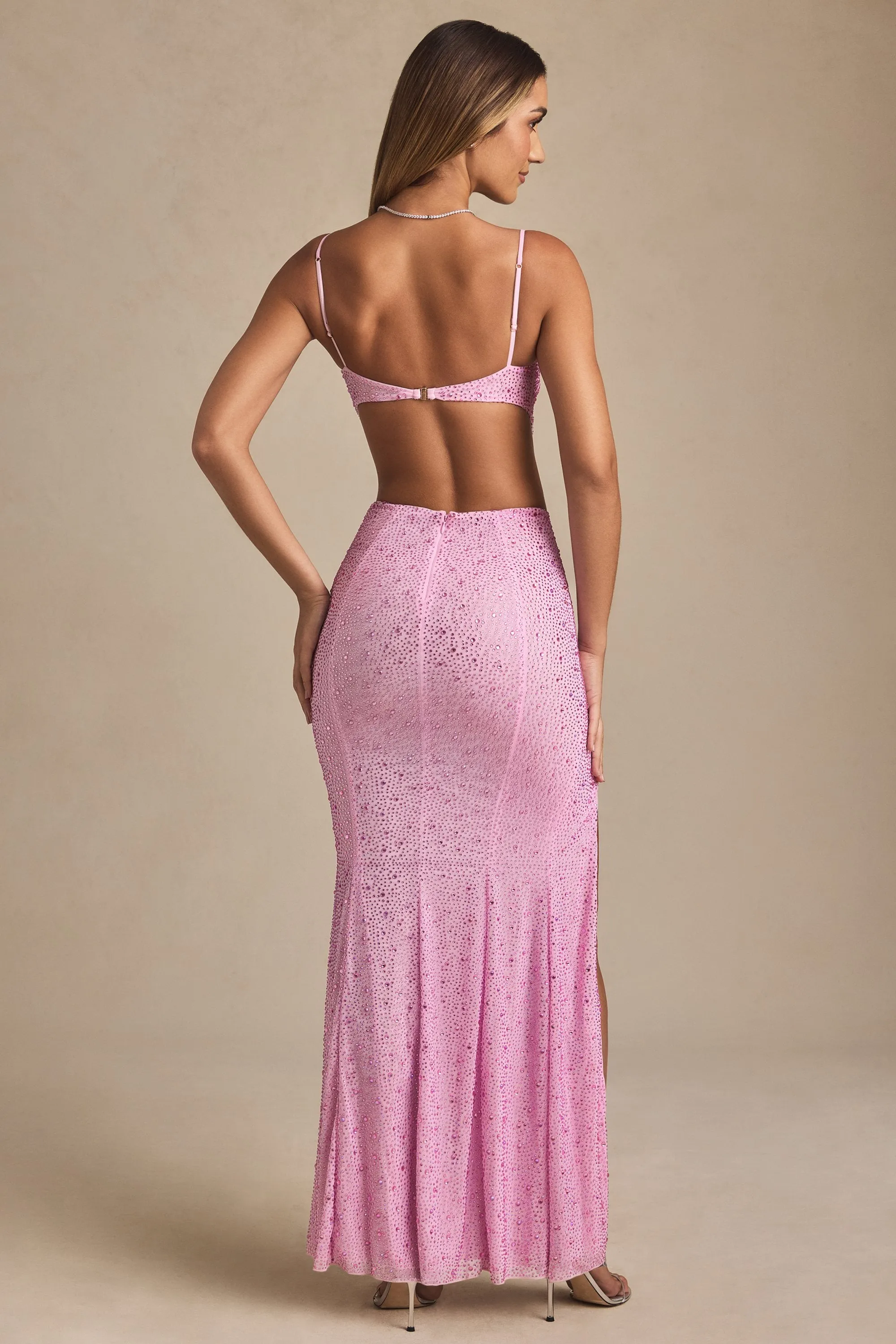 Sail View Embellished Cut-Out Fishtail Maxi Dress in Peony Pink