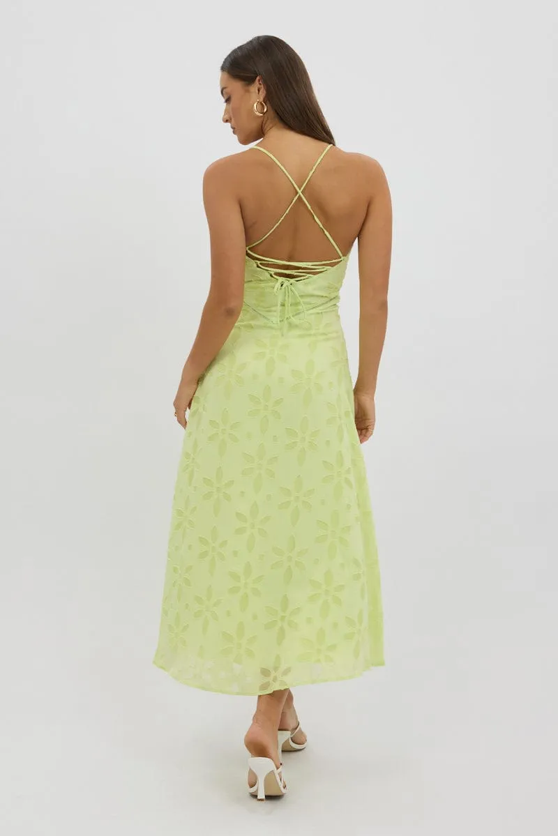 Green Maxi Dress Jacquard Lace Tree Arch