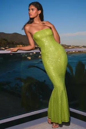 Embellished Cut-Out Bandeau Maxi Dress in Pear Green Sunrise Bay Morning Glow