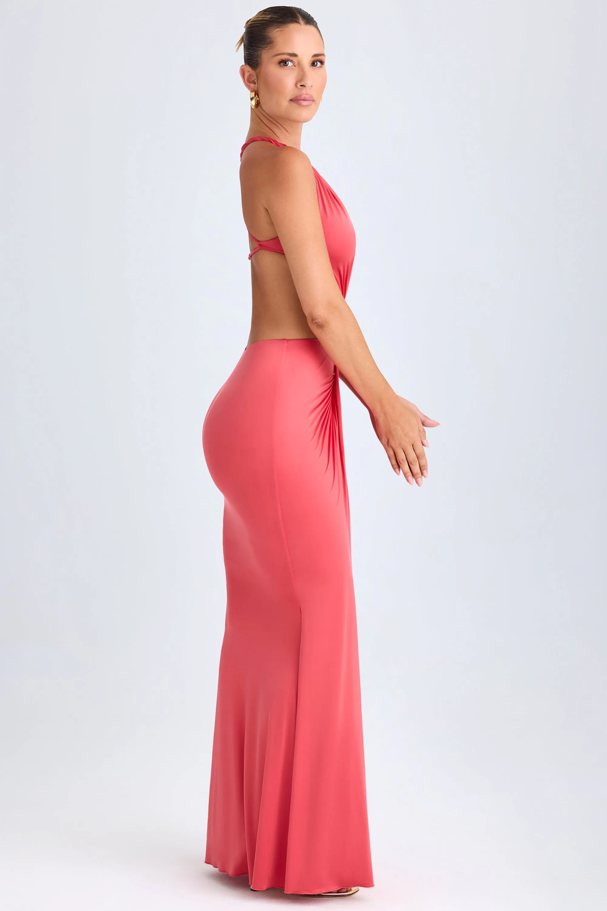 Hardware Detail Cut-Out Halterneck Maxi Dress in Coral Italian Ease Knot Glow