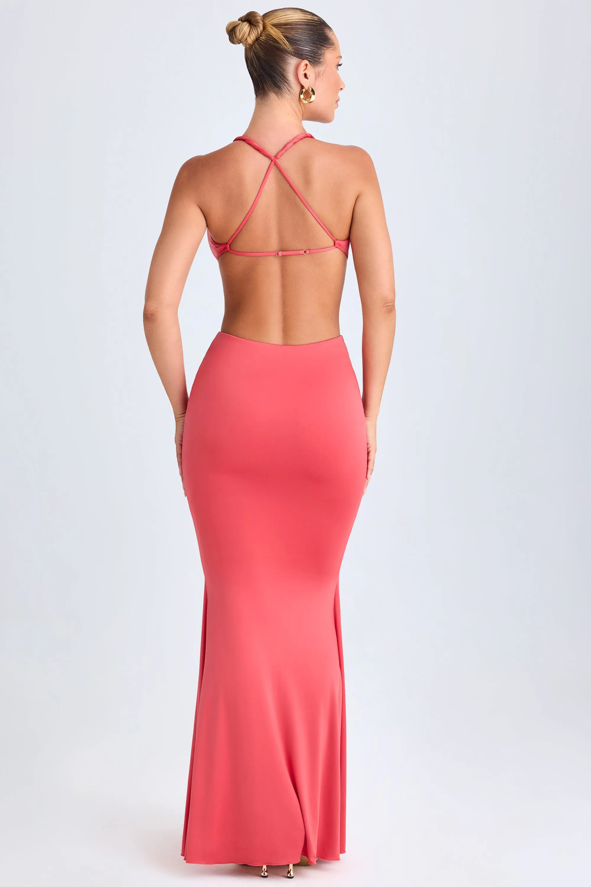 Tile Court Hardware Detail Cut-Out Halterneck Maxi Dress in Coral