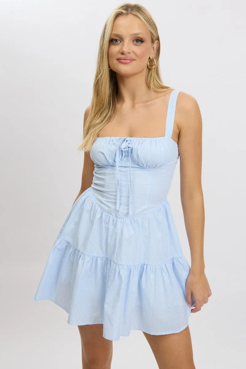 Club Rush Stylish Silhouette Blue Stripe Fit And Flare Dress Mini Gathered Bust