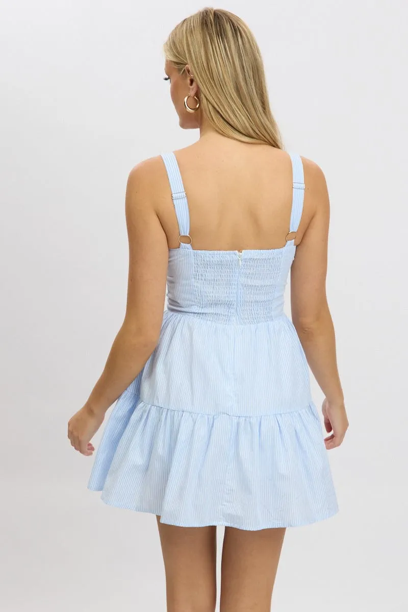 Blue Stripe Fit And Flare Dress Mini Gathered Bust Vibrant Wear