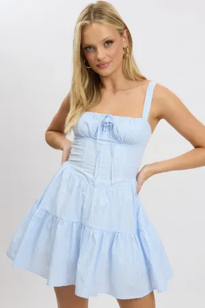 Blue Stripe Fit And Flare Dress Mini Gathered Bust Bar Chic Smart Casual Style