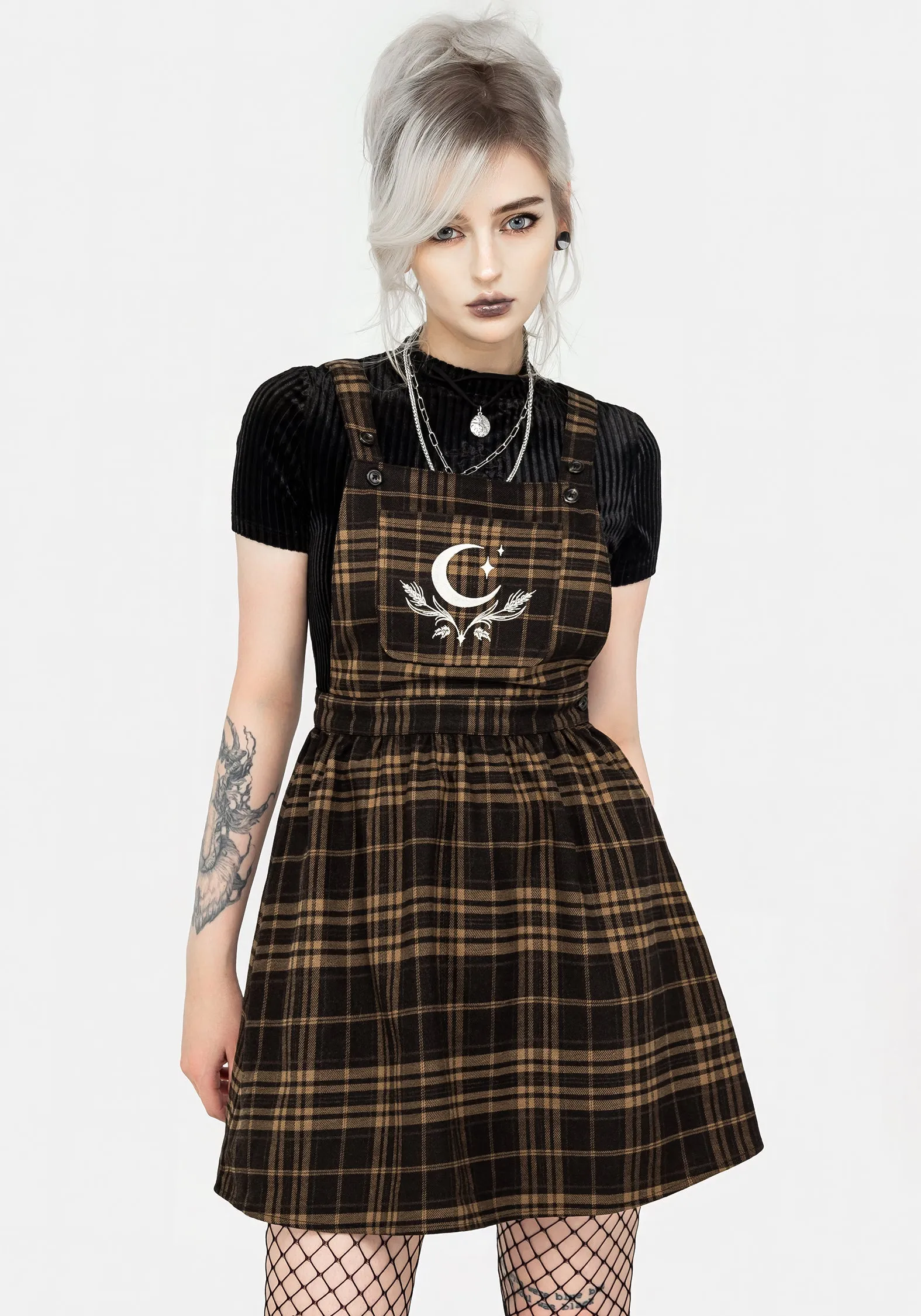 Artume Embroidered Check Mini Pinafore Dress Mini for a night out