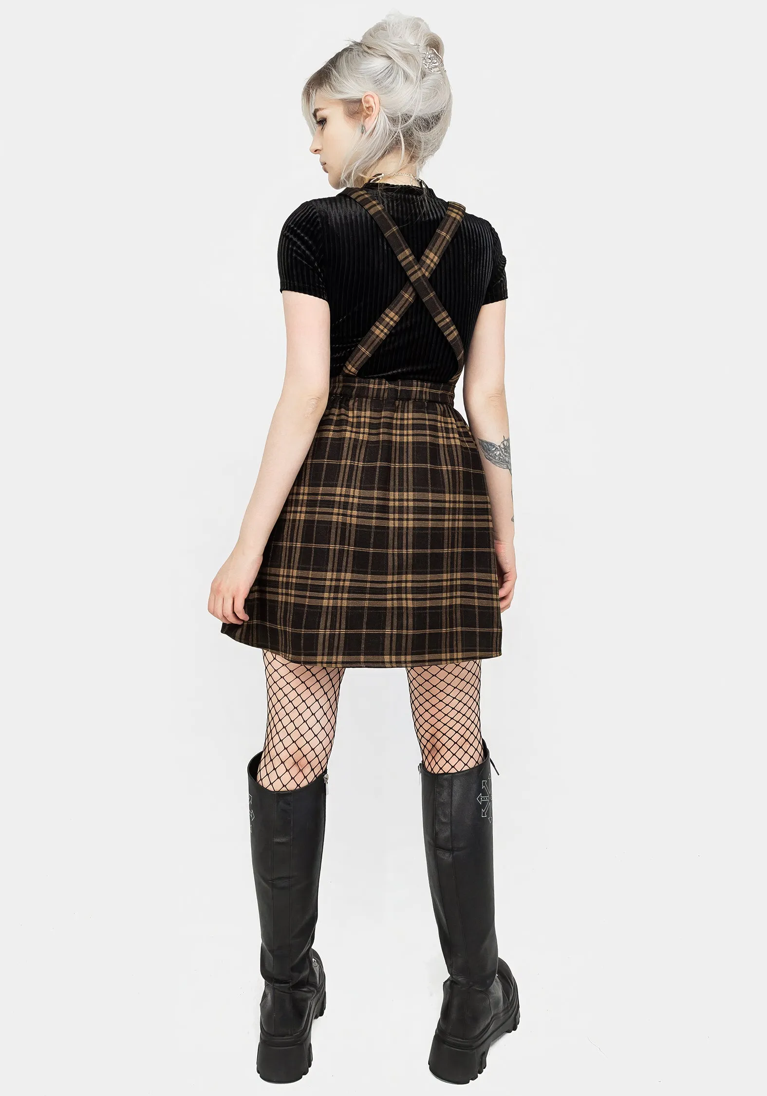 Artume Embroidered Check Mini Pinafore Dress Keyhole Neckline Style Runway Glow