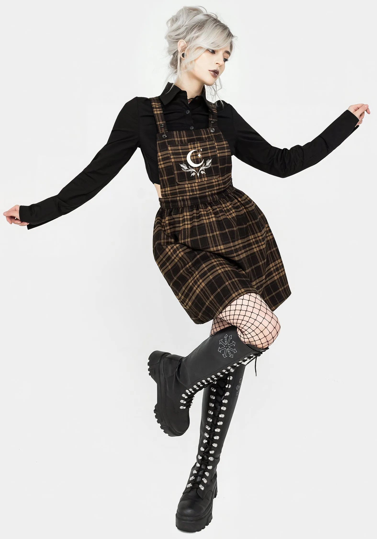 Artume Embroidered Check Mini Pinafore Dress Trendy mini outfit Casual day dress