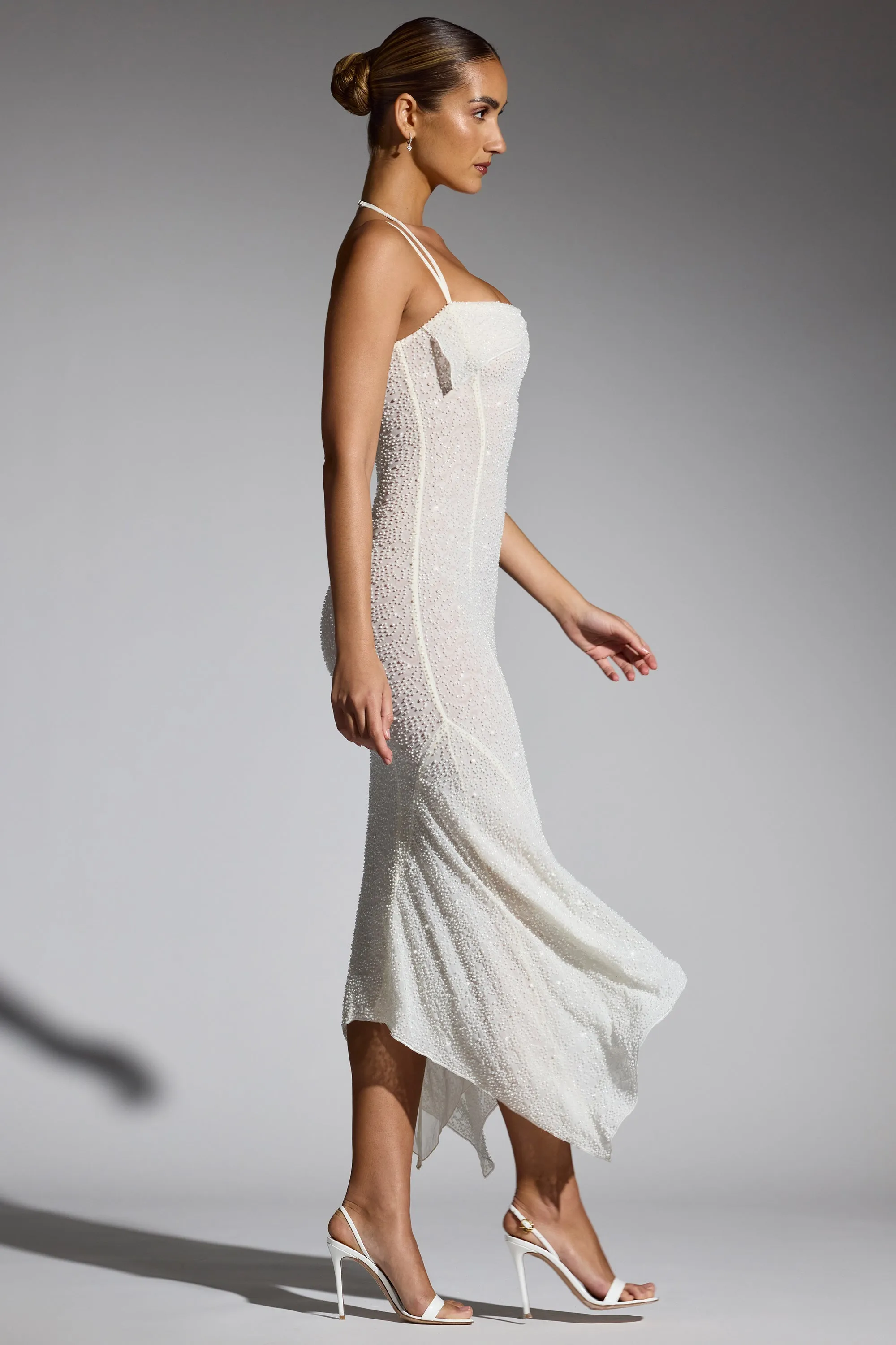 Embellished Handkerchief Hem Maxi Dress in White Crystal View