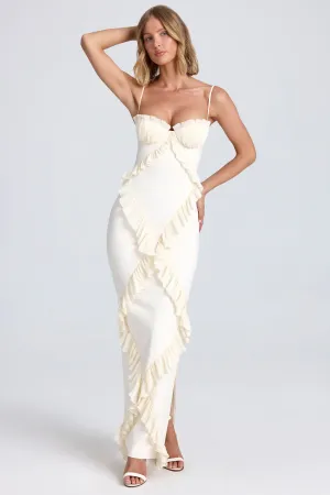 Pliss?? Ruffle-Trim Maxi Dress in Ivory Feather Soft