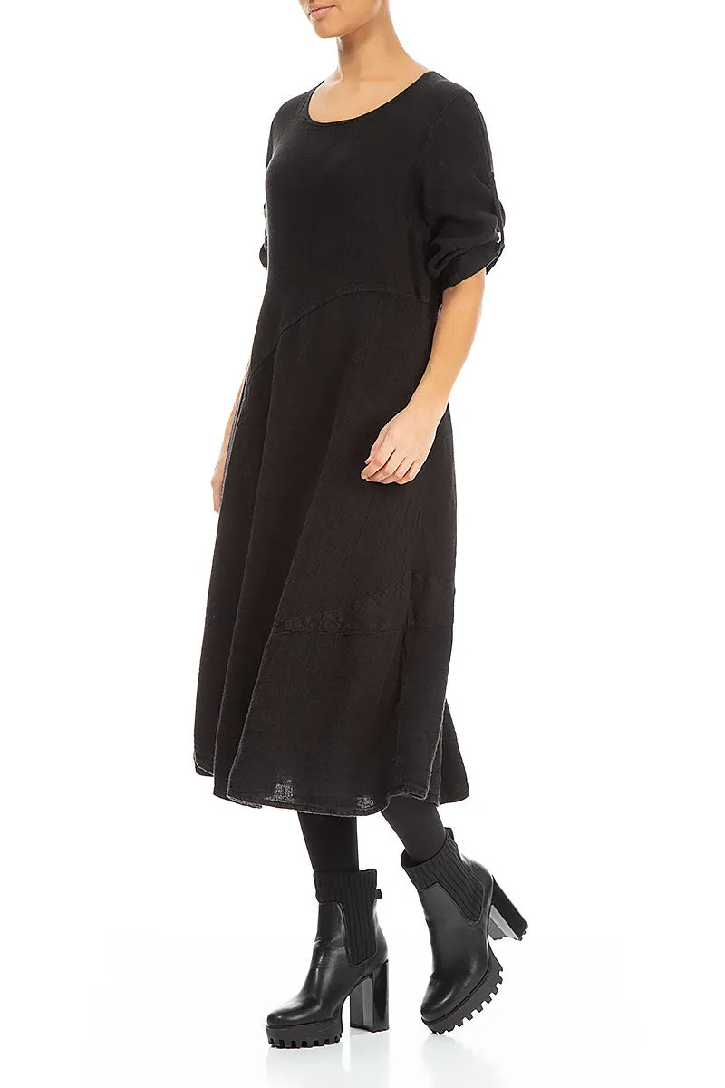 Simple Wear All-Weather Wear Flared A-Line Black M??lange Linen Dress