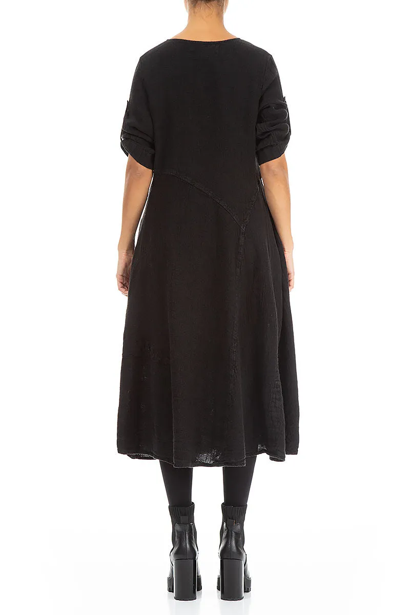 Elegant Coat Flared A-Line Black M??lange Linen Dress