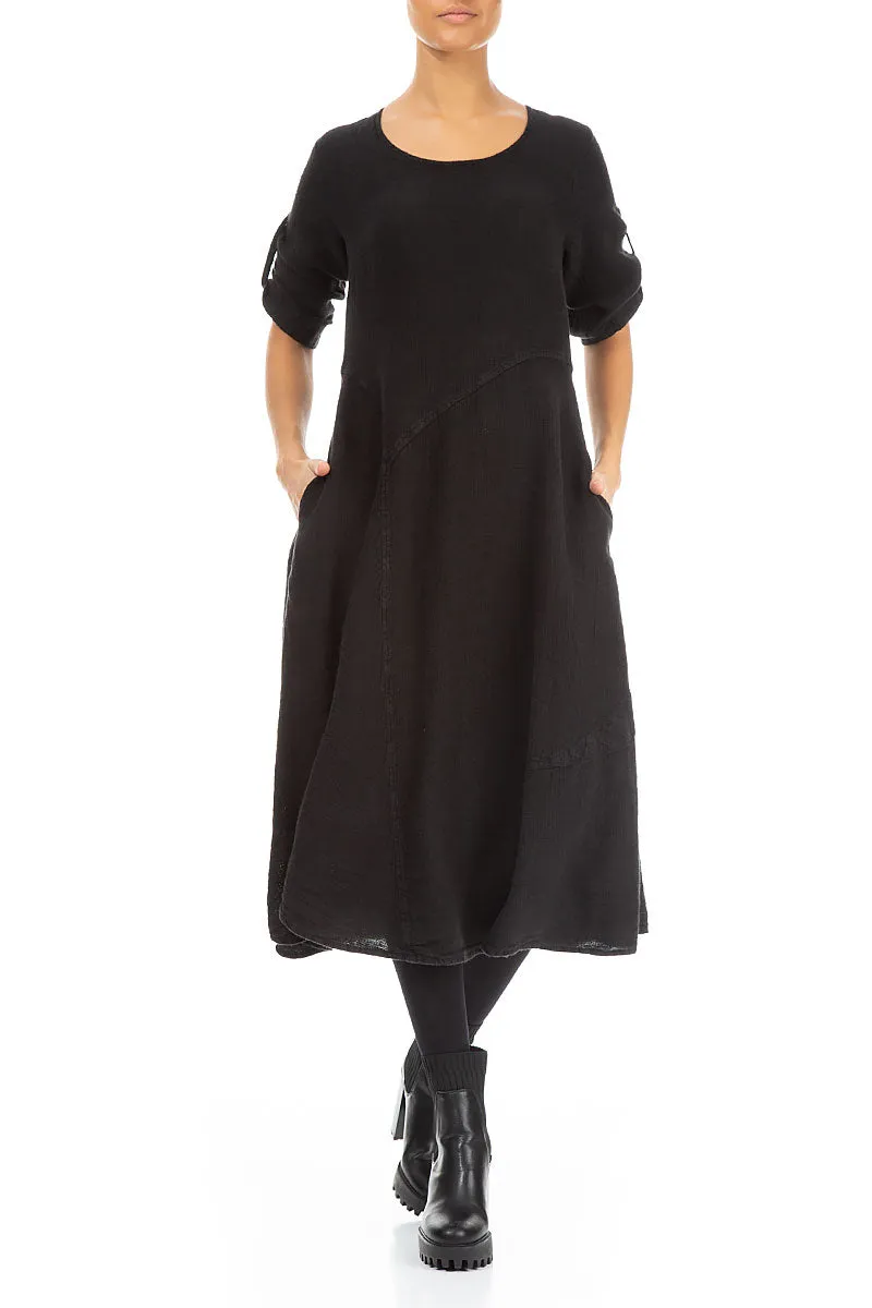 Flared A-Line Black M??lange Linen Dress Clean Fit Gloss Fit