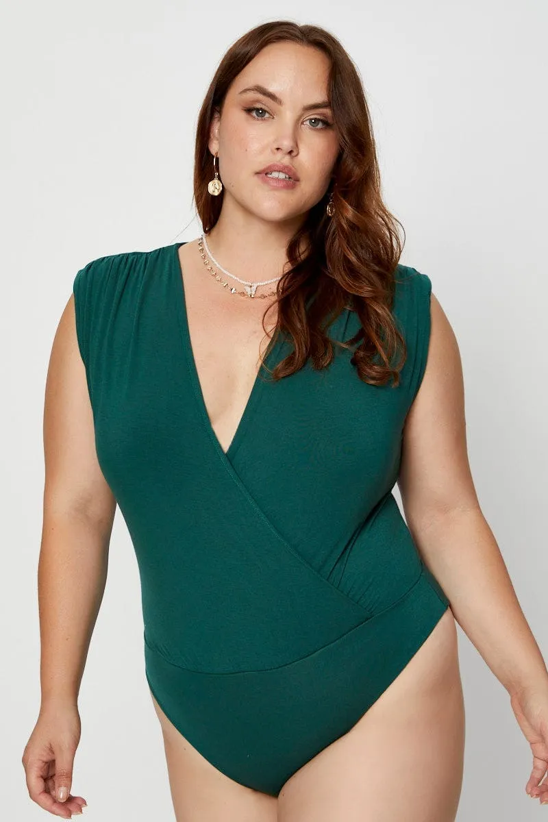 Smile Ease Green Front Bodysuit Shoulder Pad Sleeveless Jersey Wrap