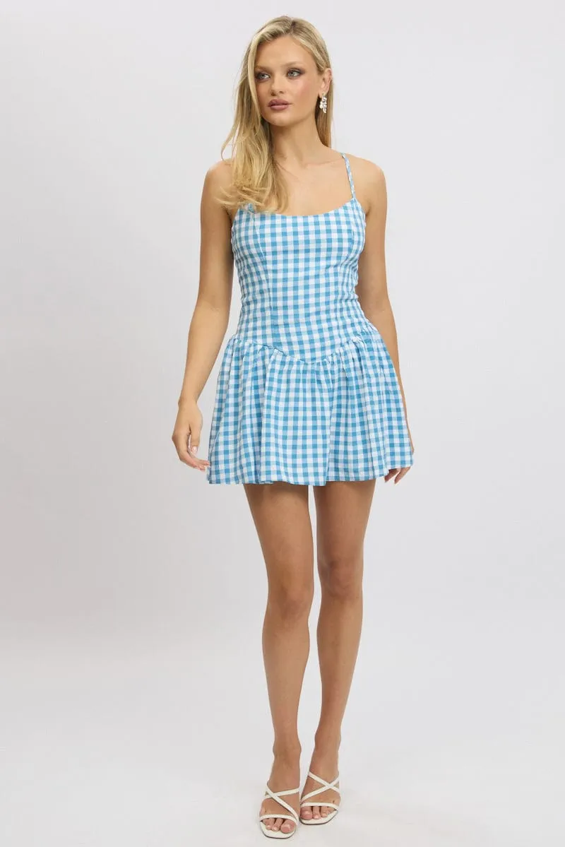 Show Time Floral Chic Blue Check Fit And Flare Dress Mini