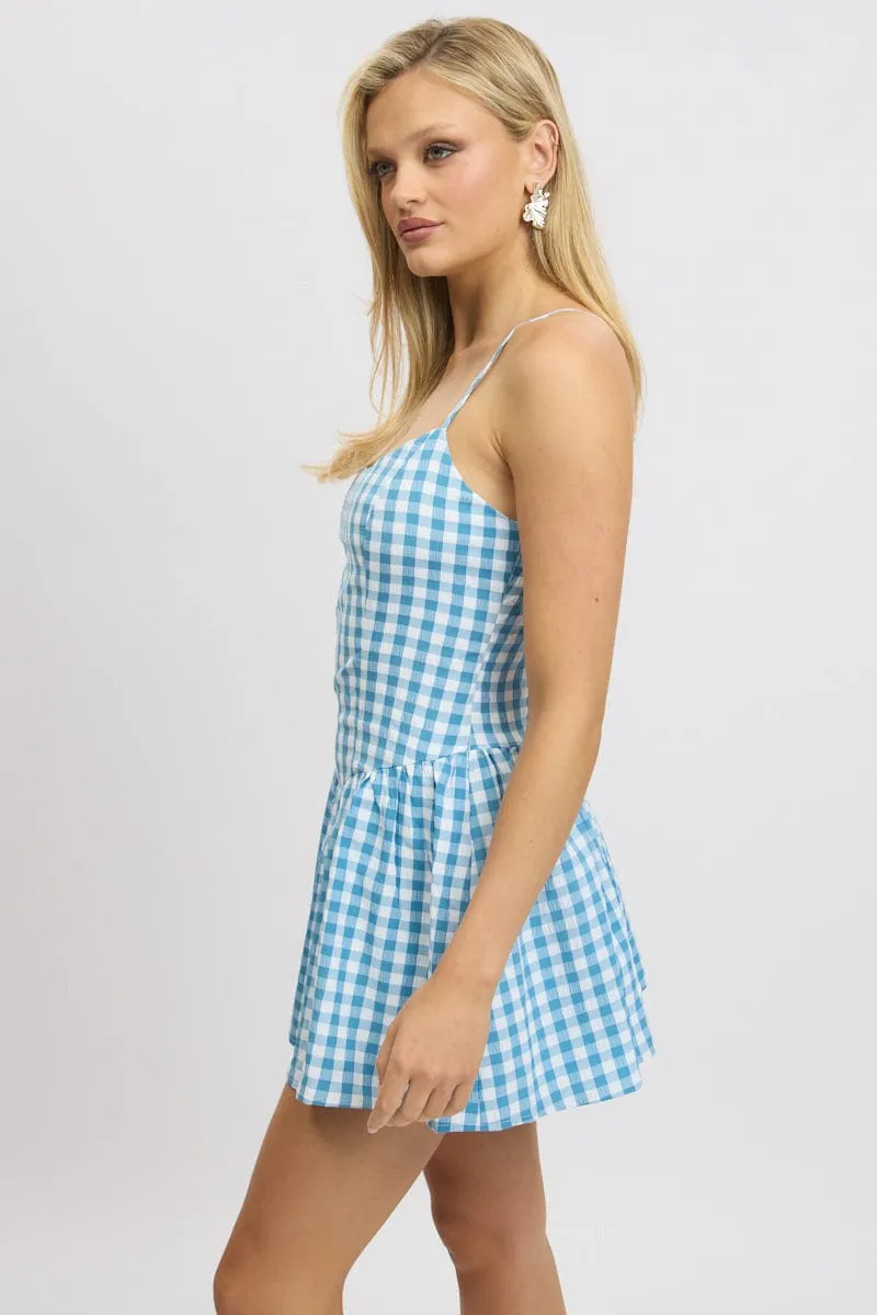 Blue Check Fit And Flare Dress Mini Floral Pattern