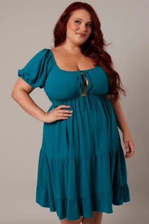 Green Mini Dress Linen Blend Puff Sleeve Sweetheart Neck Weekend Ready