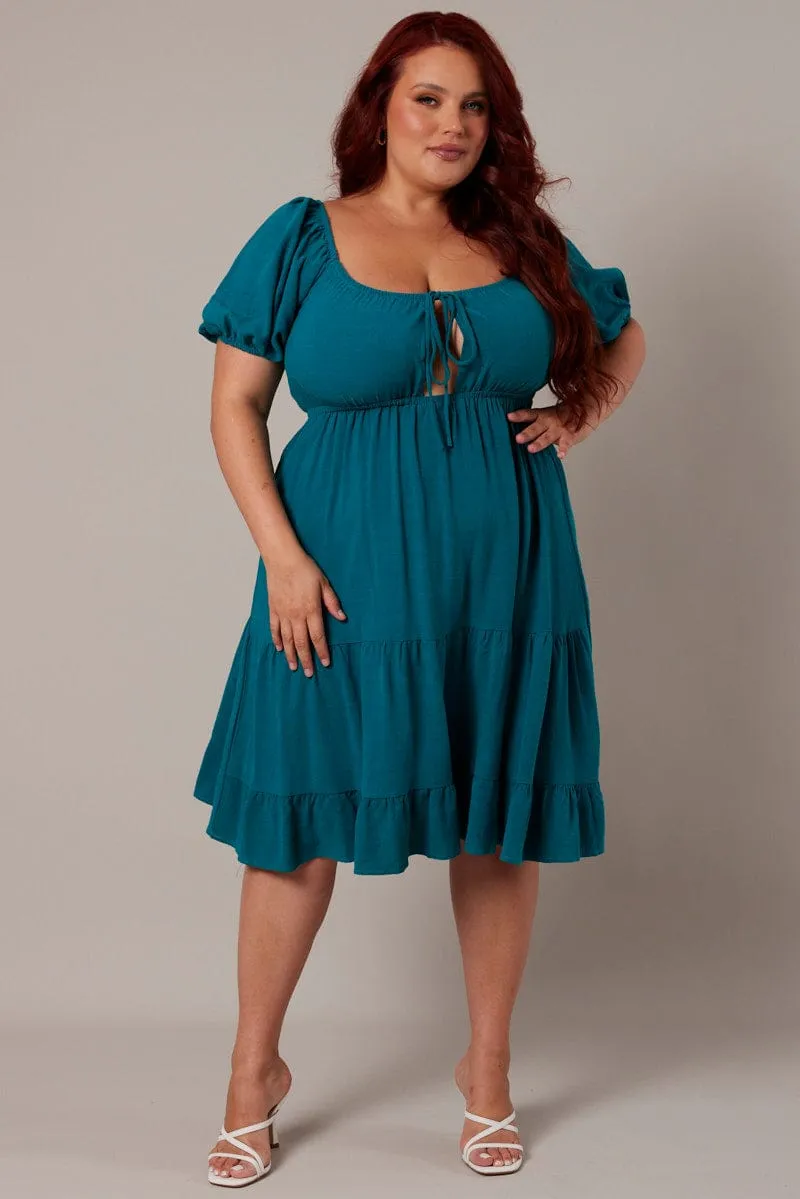 Green Mini Dress Linen Blend Puff Sleeve Sweetheart Neck Vibrant Fashion