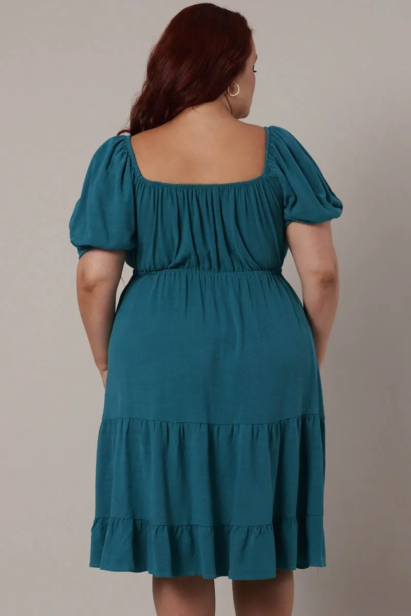 Flattering Cut Easy Care Fabric Green Mini Dress Linen Blend Puff Sleeve Sweetheart Neck