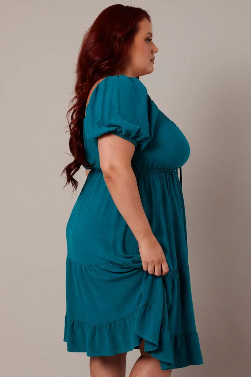 Green Mini Dress Linen Blend Puff Sleeve Sweetheart Neck Hot Pick