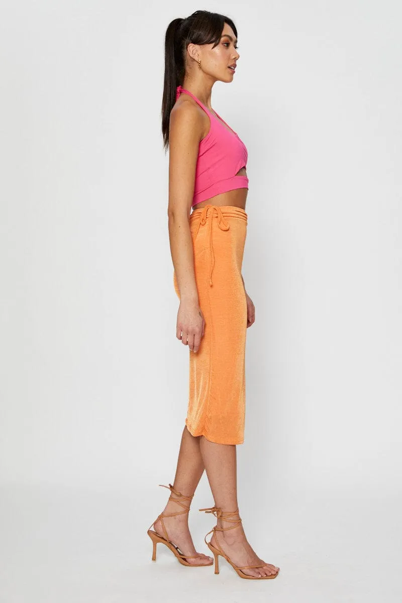 Polished Cut Orange Midi Skirt Ruched
