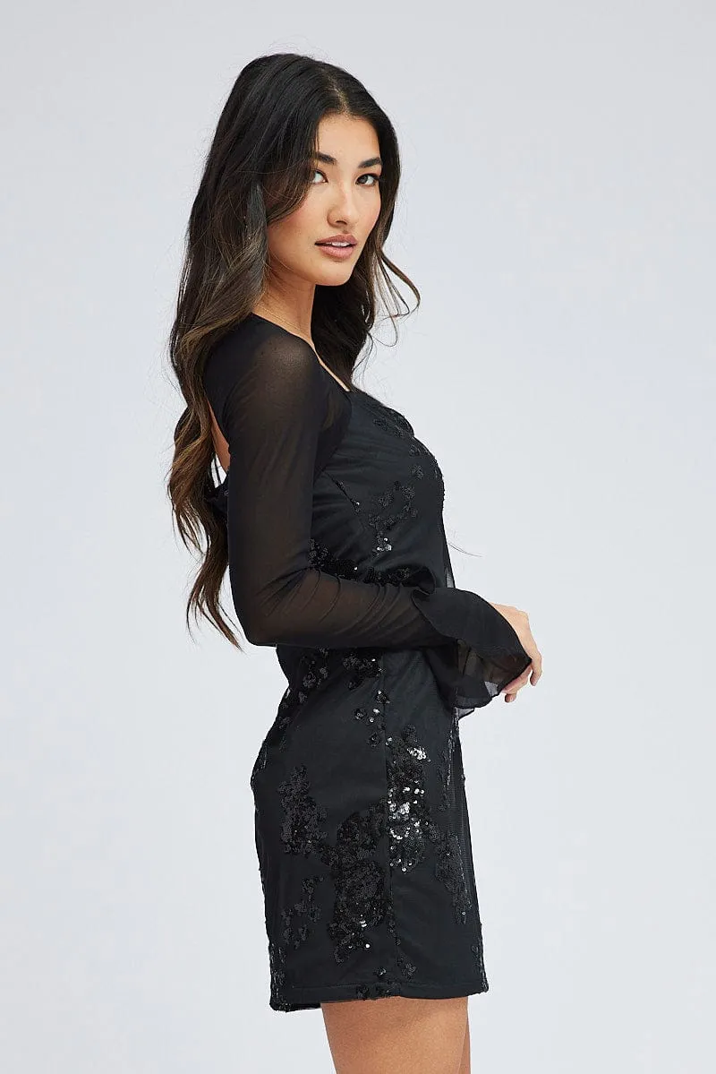 Active Fit QuickReleaseClosure Black Sequin Dress Embellished Floral Mesh Bell Sleeve