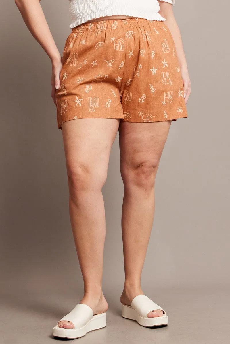 Brown Abstract Relaxed Shorts High Rise Fashionable Look
