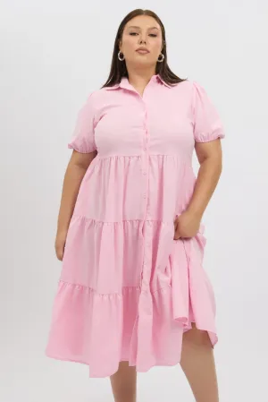 Pink Midi Dress Short Sleeve Shirt Sleek Fashion