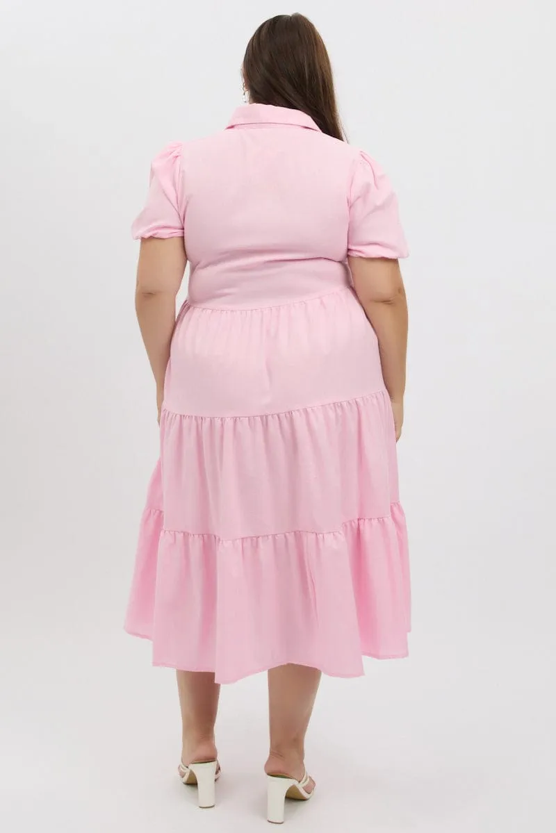 Pink Midi Dress Short Sleeve Shirt Midi dress with waist tie