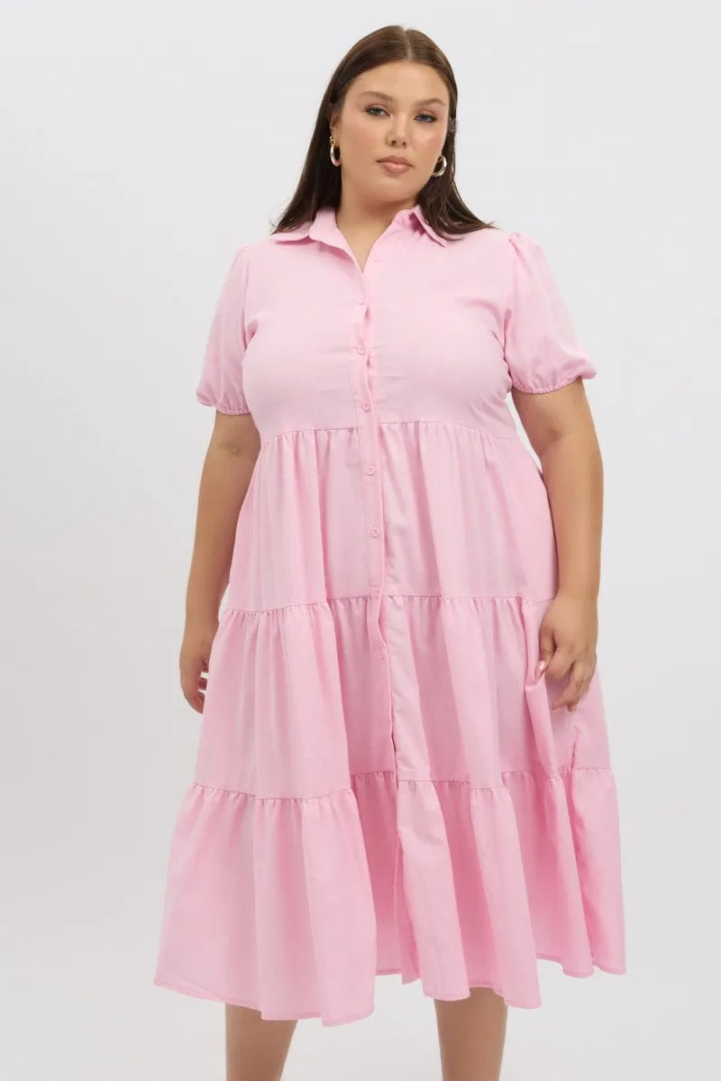 Pink Midi Dress Short Sleeve Shirt Comfortable chic