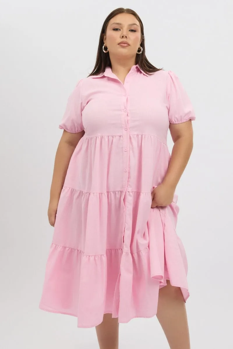 Pink Midi Dress Short Sleeve Shirt Sleek Fashion