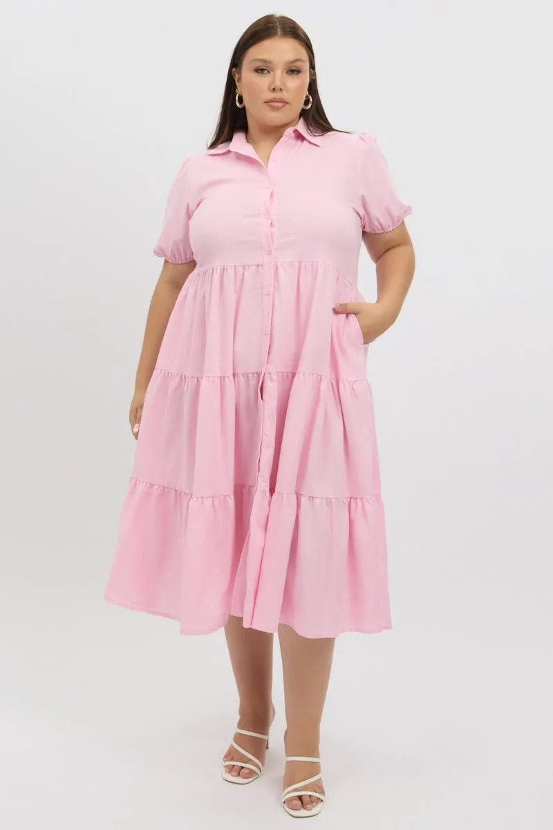 Market Day Pink Midi Dress Short Sleeve Shirt