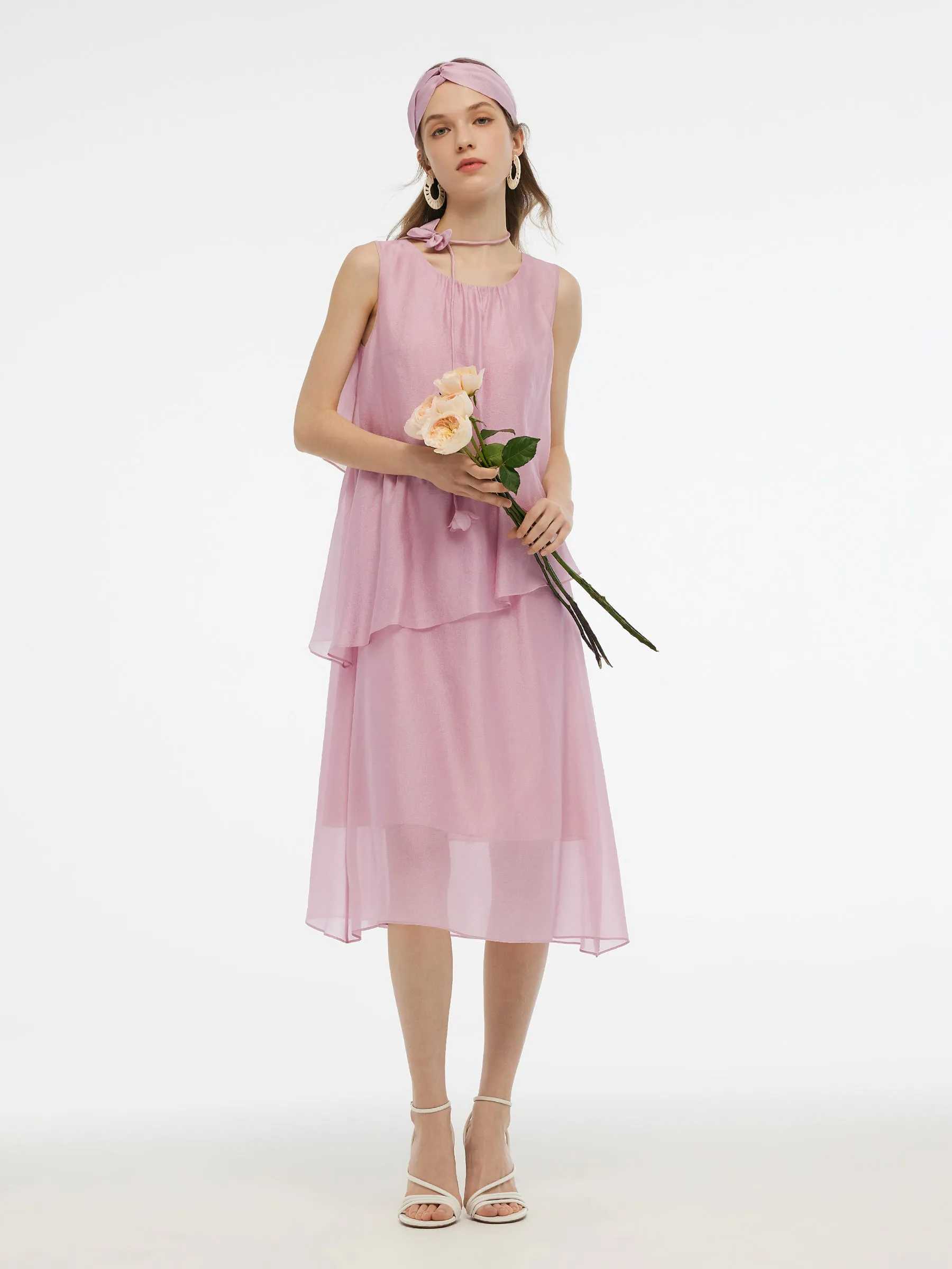Ruffle Women Tiered Vest Midi Dress With Hairband And Bowknot Choker Crystal Light
