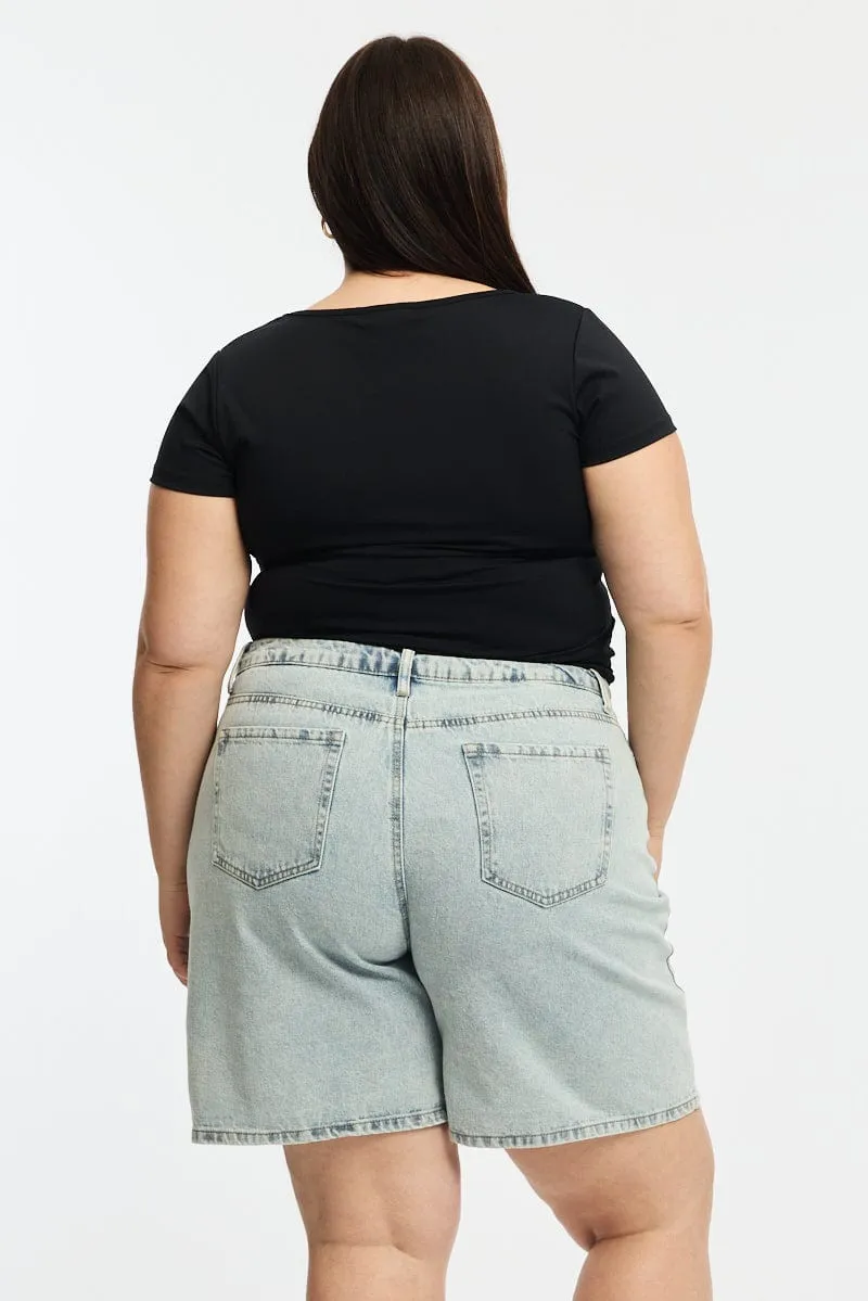 Breathable Style MultiPocketDesign Denim Relaxed Shorts Knee Length