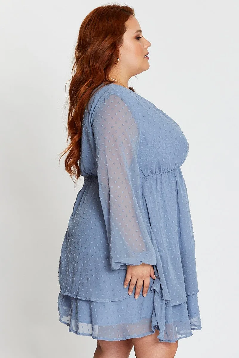 Blue Long Sleeve Textured Mini Dress Playful youthful dress solo wear