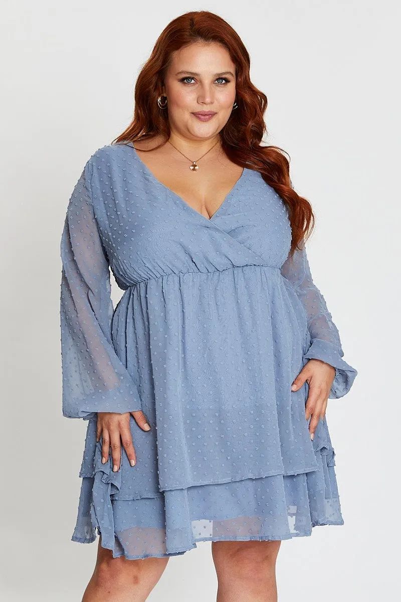 Blue Long Sleeve Textured Mini Dress Pop Glow Street Fashion