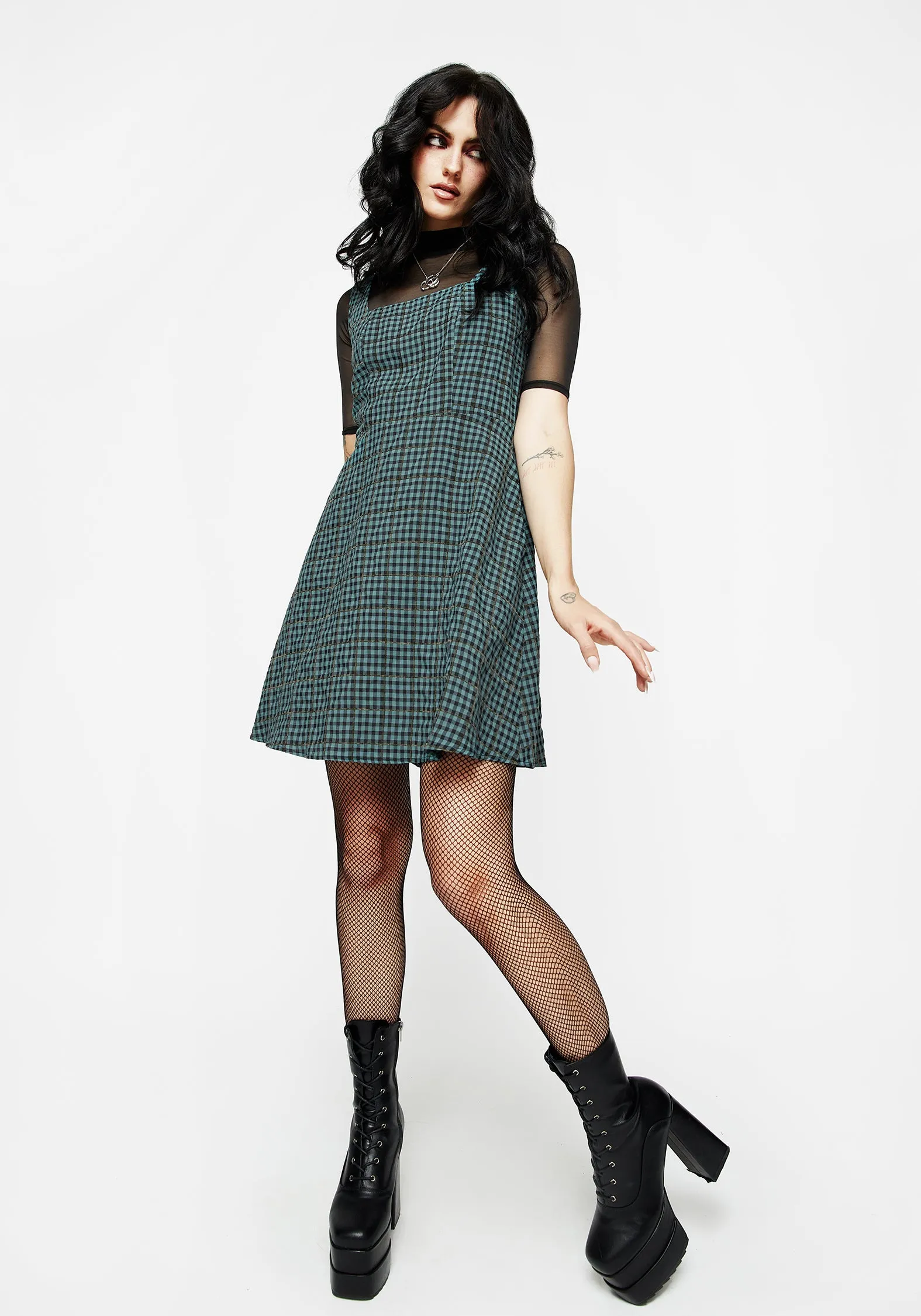 Short playful dress for vacations Restless Check Mini Apron Dress