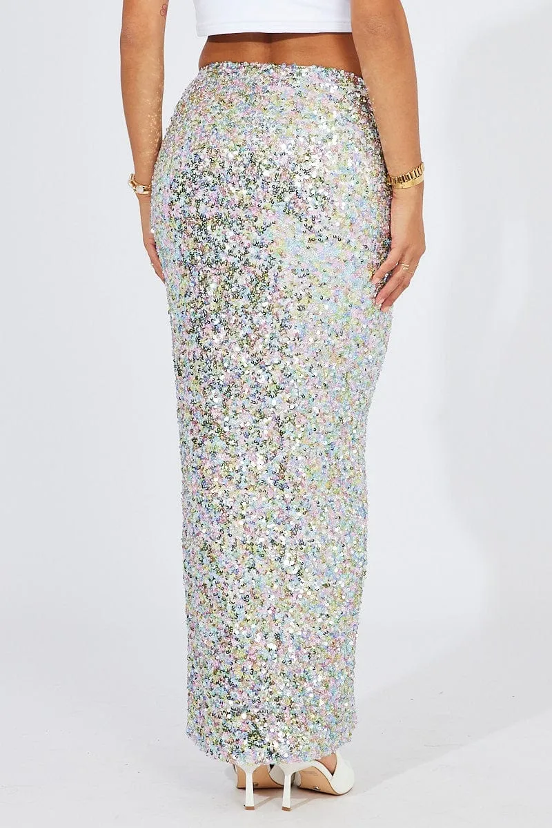 Silver Midi Skirt High Rise Metallic Smooth Texture Flat Lay Collar