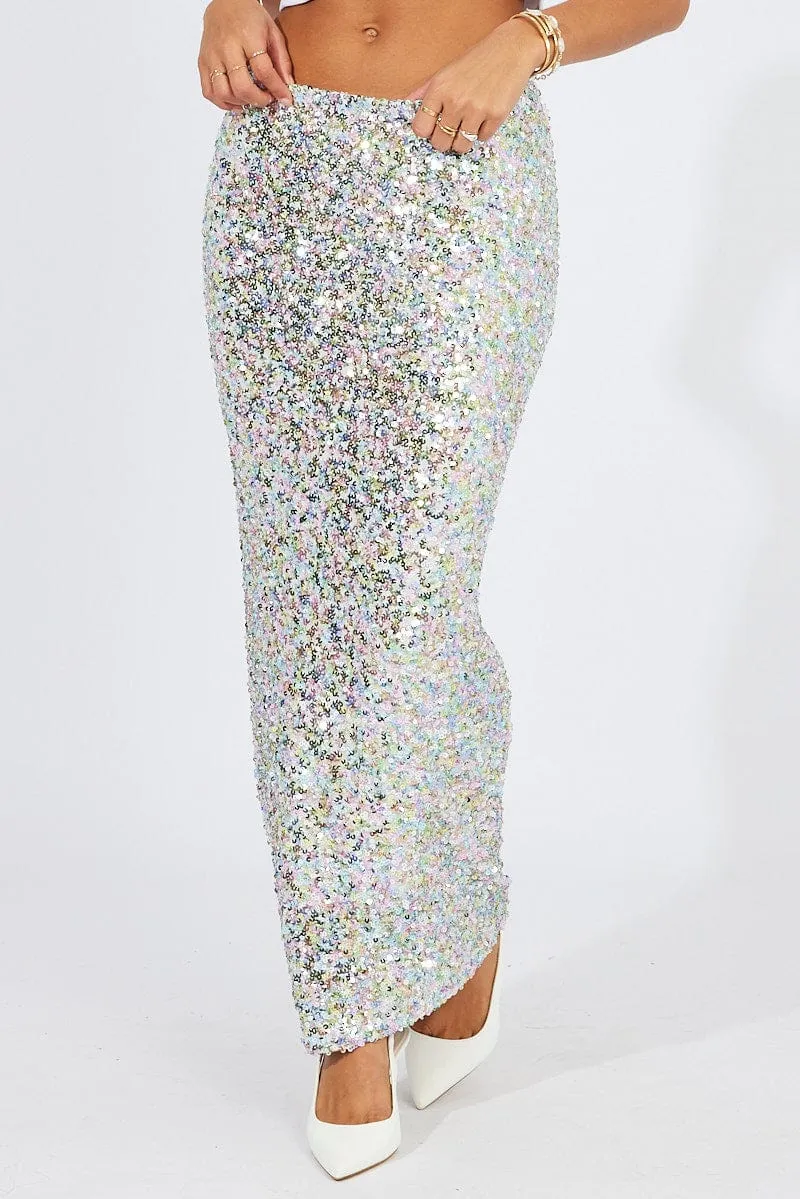 Silver Midi Skirt High Rise Metallic Relaxed Vibes