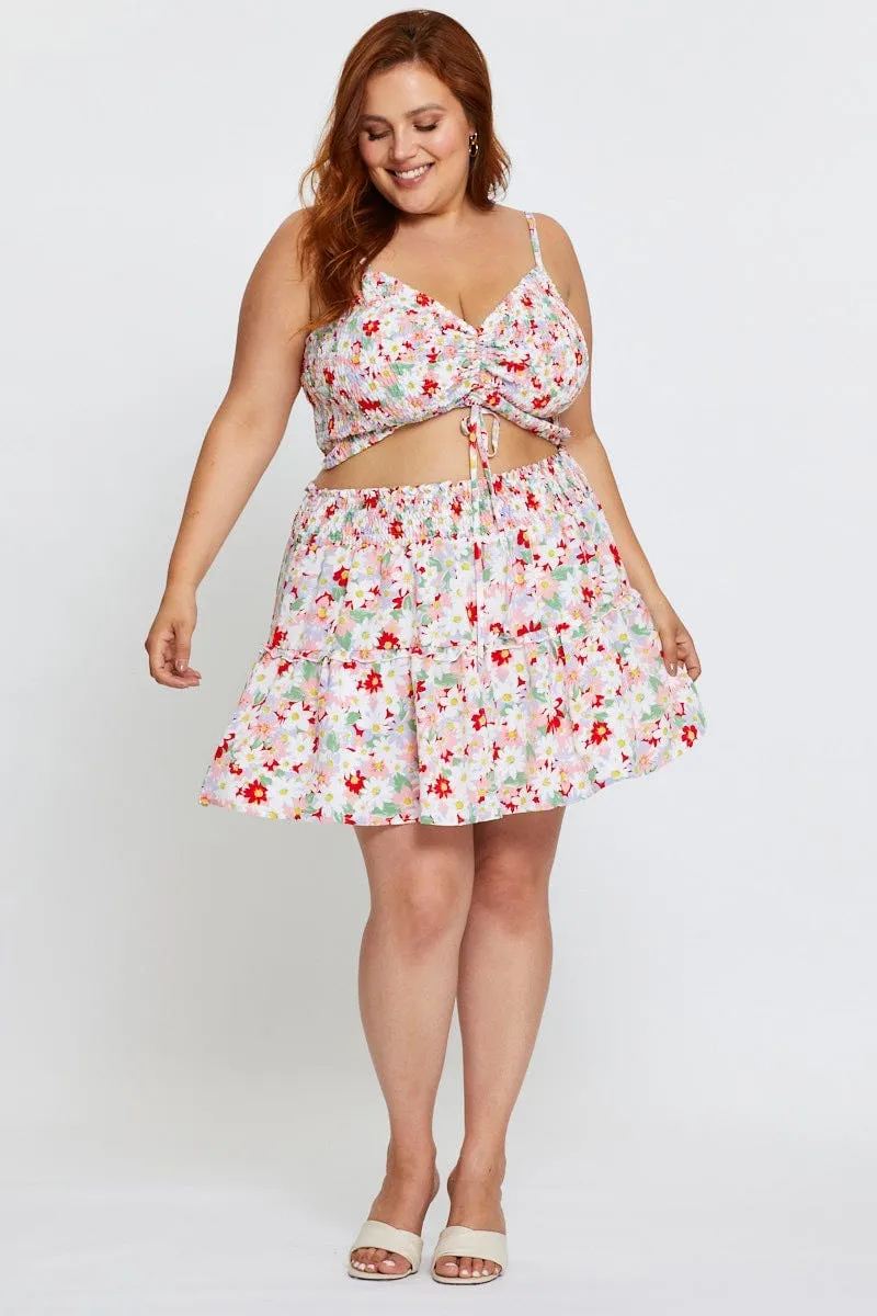 Opaque finish flared silhouette Floral Print Mini Skater Skirt Ruffle Hem