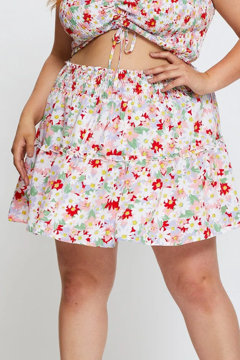 Floral Print Mini Skater Skirt Ruffle Hem Hypoallergenic fabric