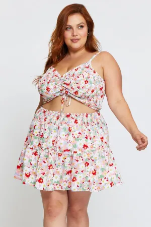 Floral Print Mini Skater Skirt Ruffle Hem Style Essential Linen blend