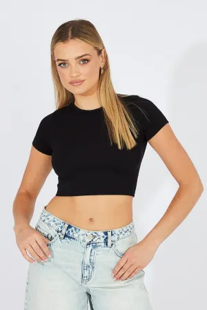 Black T Shirt Short Sleeve Crew Neck Seamless Fashionable Look