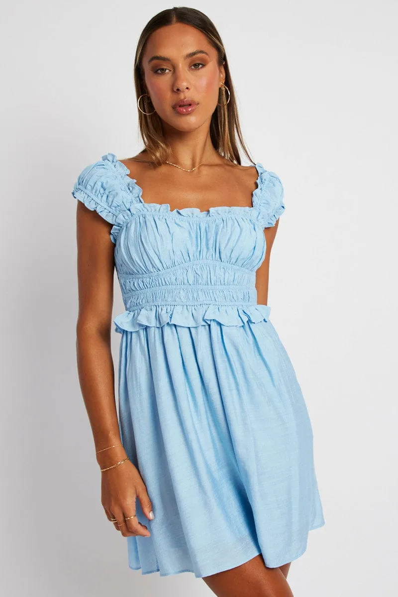 Blue Fit And Flare Dress Sleeveless Matte Fit