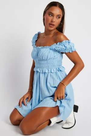 Blue Fit And Flare Dress Sleeveless Adjustable Drawcord Active Look